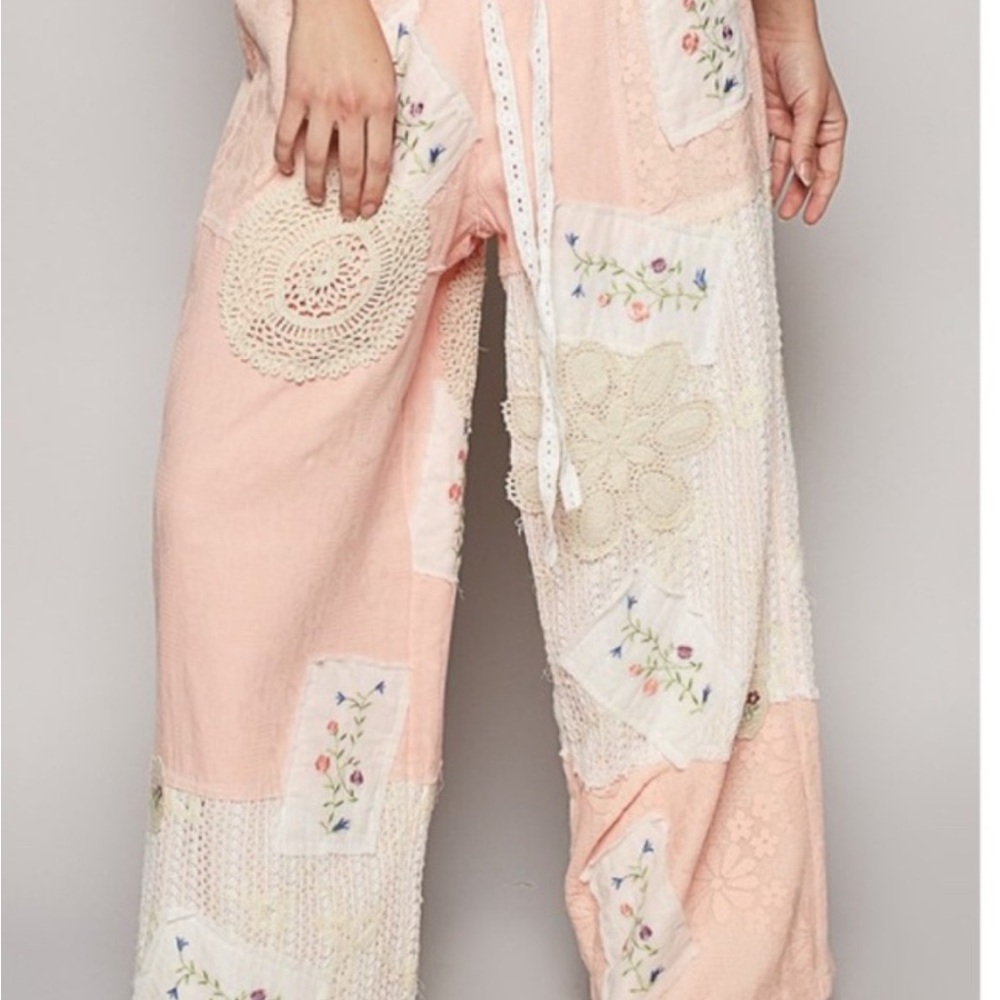 POL Soft Pink Patchwork Wide-Leg Pants with Lace & Embroidery